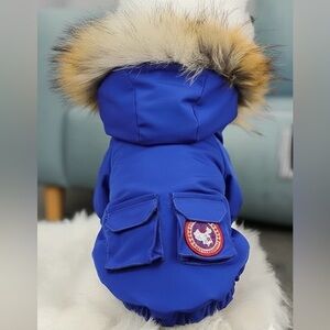Pet Winter Parka - Faux Fur Hood & Pockets - Blue - Size Large (30cm)